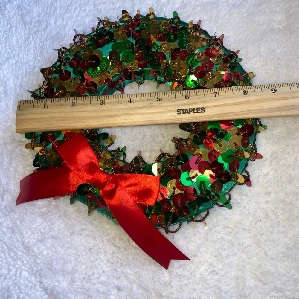 8” Bloomingdales Christmas Red‎ Ribbon Wreath w & Green & Red & Gold Sequences